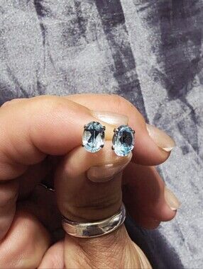 Vintage Djoy Blue Topaz Oval Stud Earrings 925 Sterling Silver